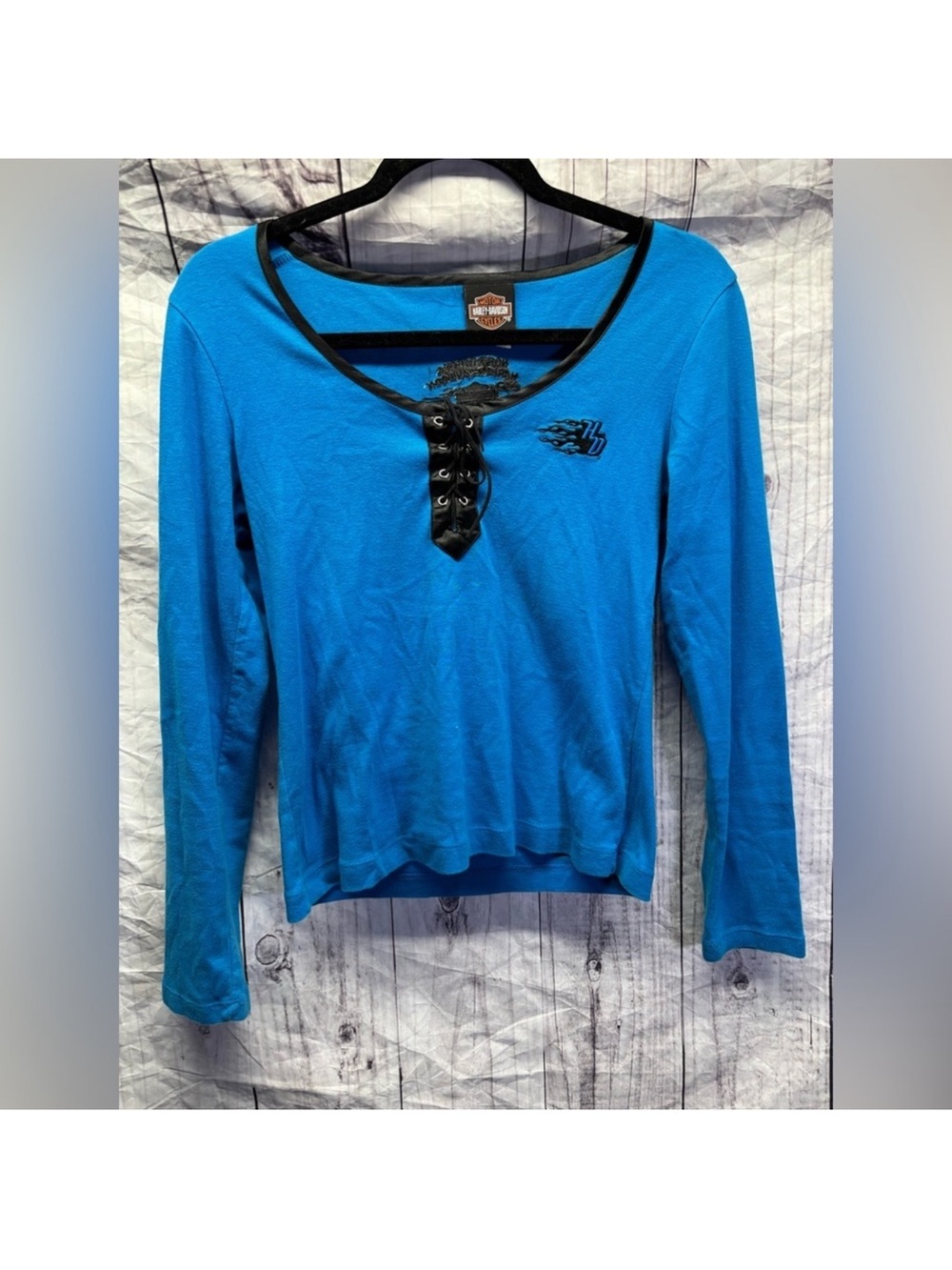 Vintage Y2K Harley-Davidson Women's Blue Lace-Up Long Sleeve Top
